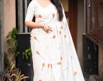 Muga Rose Silk Saree, Handloom Kalamkari Flower Print, Wedding Saree