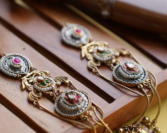 Kundan Jhumka Ear Chains | Gold-Tone Indian Earrings, Green & Pink Stones