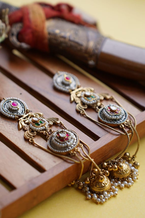 Kundan Jhumka Ear Chains | Gold-Tone Indian Earrings, Green & Pink Stones