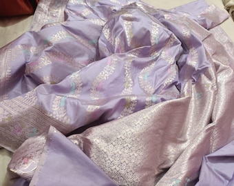 Handloom Katan Silk Saree, Banarasi Tussar Border, Meenakari Design