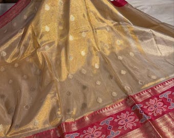 Copper Katan Zari Silk Saree, Varanasi Handloom Weaving, Banarasi Border