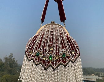 Red Velvet Pearl Fringe Bag | Emerald Crystal Boho Clutch | Maximalist Evening Purse