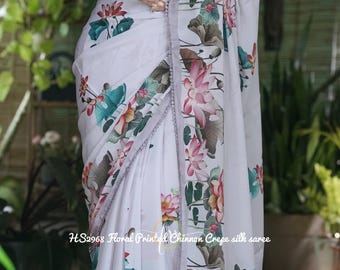 White Lotus Print Chinon Crepe Silk Saree | Summer Wedding Guest Boho Sari