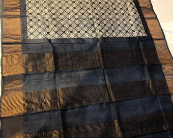 Handloom Muga Tussar Silk Saree, Kalamkari Floral Wedding Saree