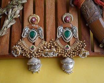 Pachi Kundan Jhumka Earrings | Boho Temple Hair Jewelry, Gold-Tone