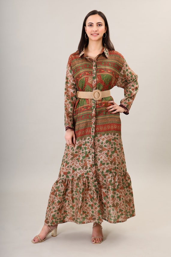 Boho Silk Maxi Dress: Printed Psychedelic Flare, Bohemian Clothing