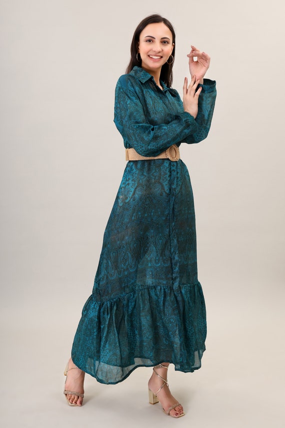 Boho Maxi Dress, Printed Silk, Summer Beach Style