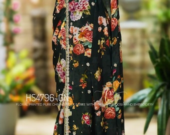 Floral Pure Chinon Silk Saree | Zardosi Pearl & Cutdana Border | Handworked Designer Wrap