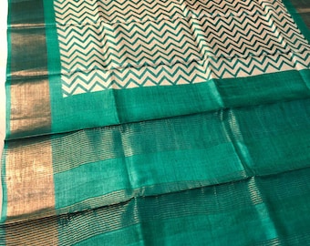 Handloom Tussar Silk Saree, Zari Border, Hand-Painted Floral Design