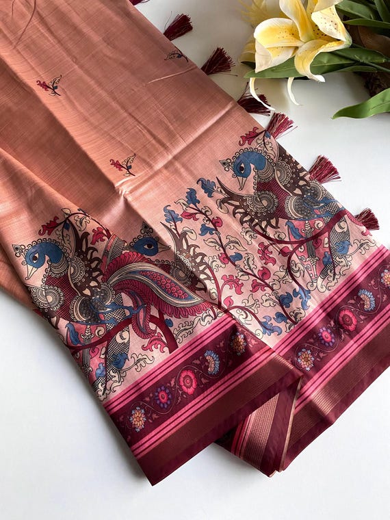 Handloom Chanderi Silk Saree, Kalamkari Floral Print, Wedding Sari