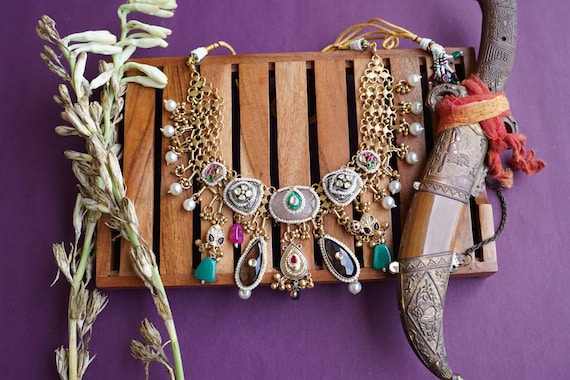 Handmade Kundan Necklace Set, Multi Color Stone Beaded Indian Jewelry