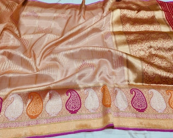 Pastel Orange Tissue Silk Saree | Silver Zari Kadhwua Banarasi Handloom