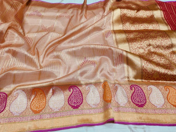 Pastel Orange Tissue Silk Saree | Silver Zari Kadhwua Banarasi Handloom