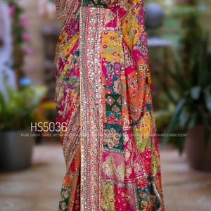 Pure Chinnon Ajrakh Saree | Real Mirror & Kundan Handwork | Ready Made Blouse Wrap image 6