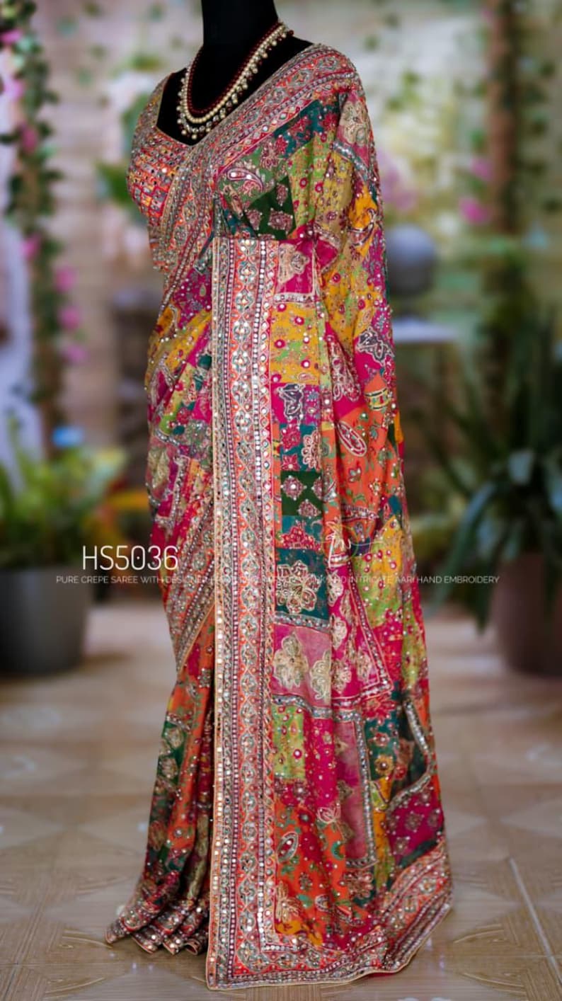 Pure Chinnon Ajrakh Saree | Real Mirror & Kundan Handwork | Ready Made Blouse Wrap image 6