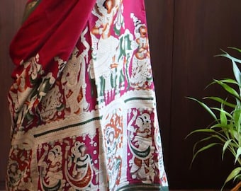 Deep Red Kalamkari Print Saree | Green Zari Border | Half and Half Silk Sari