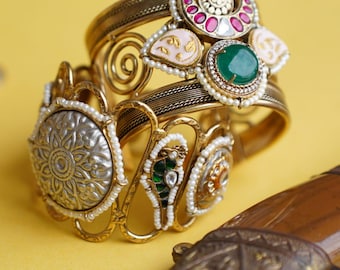Handmade Kundan Bracelet | Gold-Tone Moti Bangle, Indian Jewelry