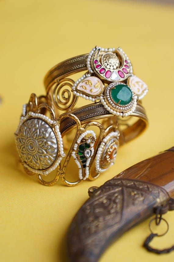 Handmade Kundan Bracelet | Gold-Tone Moti Bangle, Indian Jewelry