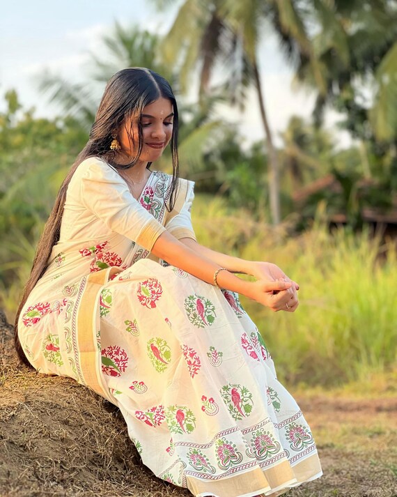 Handloom Cotton Saree, Kalamkari Flower Print, Hand Block Vegetable Dye