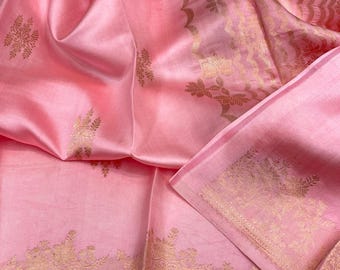 Pure Kora Tissue Silk Saree | Bridal Red Handloom Zari Border, Pink Blouse