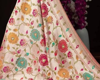 Handloom Katan Silk Banarasi Saree, Tussar Border, Meenakari Design