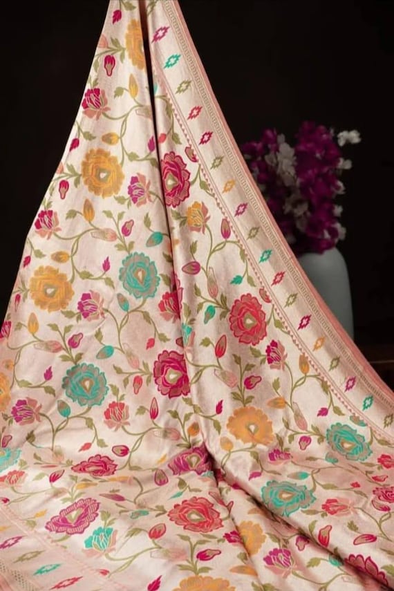 Handloom Katan Silk Banarasi Saree, Tussar Border, Meenakari Design