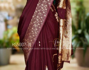 Wine Banarasi Crepe Silk Saree | Gold Silver Zari Floral Weave | Wedding Sari