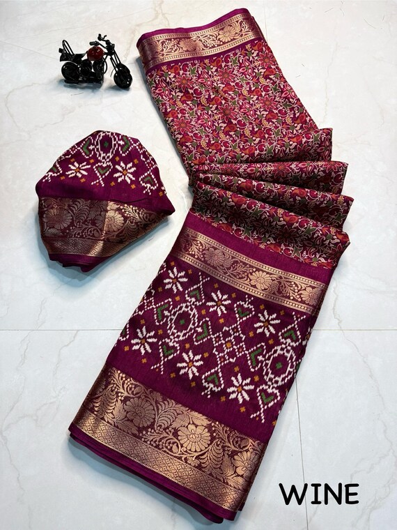 Chanderi Silk Saree, Handloom Kalamkari Floral Print, Zari Border