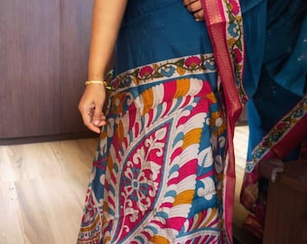 Soft Chanderi Silk Saree, Kalamkari Print, Zari Border, Indian Wedding Ethnic Wear