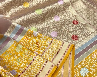 Handloom Kora Tissue Silk Saree, tifli Zari Meenakari Varanasi Weaving