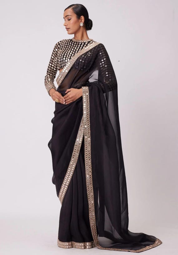 Banglori Silk Saree, Embroidered Mirror Lace Border, Bollywood Party Saree