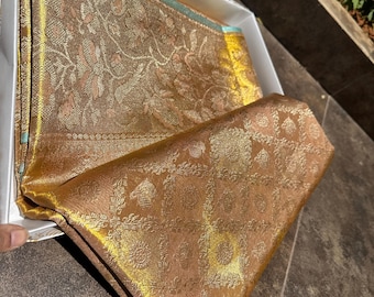Pure Kanchipuram Silk Saree | Antique Gold Zari Floral Brocade, Bridal Kanjeevaram Sari