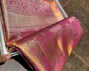 Pure Kanjeevaram Mulberry Silk Saree | Pink Gold Zari Brocade, Orange Edge, Wedding Guest Sari