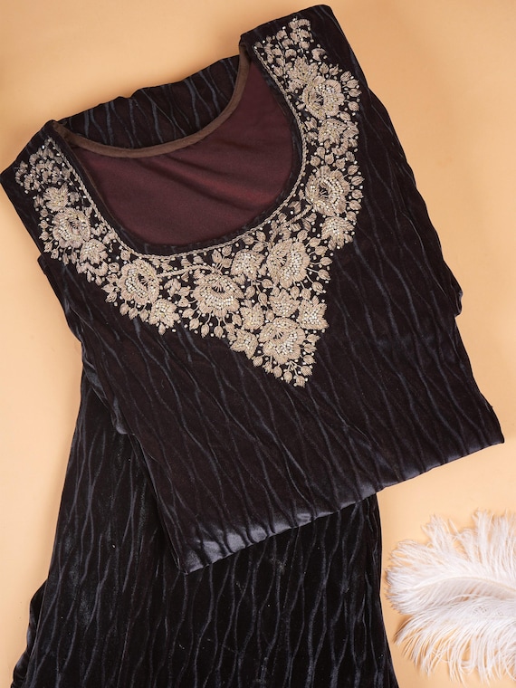 Hand-Embroidered Black Velvet Set | Zardozi Party Outfit