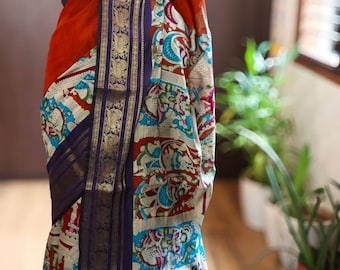 Rust Orange Kalamkari Print Saree | Navy Blue Zari Border | Half and Half Silk Sari