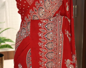 Red Mirror Work Saree | Traditional Gujarati Peacock Print | Festive Navratri Sari | Gold Tissue Pallu