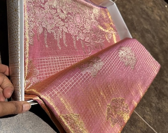 Pure Kanjeevaram Silk Saree | Pastel Pink Gold Zari Kattam Weave, Bridal Kanchipuram Sari