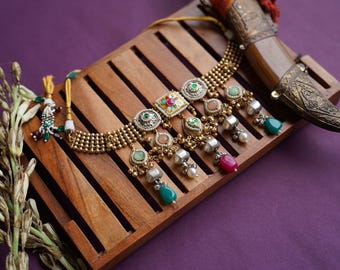 Handmade Kundan Necklace Set, Multi Color Stone, Indian Jewelry