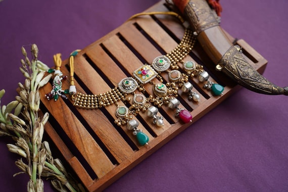 Handmade Kundan Necklace Set, Multi Color Stone, Indian Jewelry