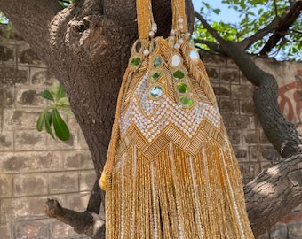 Mustard Yellow Beaded Fringe Boho Pouch | Mirror Work Purse | Maximalist Festival Bag