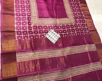 Handloom Tussar Silk Saree with Zari Border, Wedding Saree
