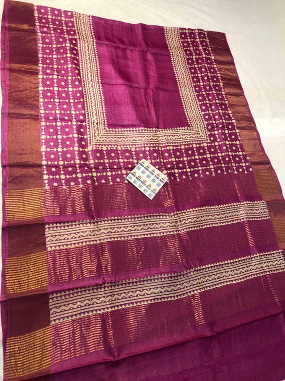 Handloom Tussar Silk Saree with Zari Border, Wedding Saree