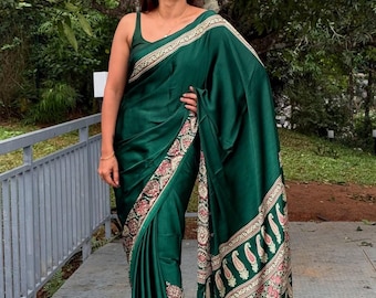 Modal Silk Saree, Abstract Kalamkari Flower Print, Wedding Saree with Tassels