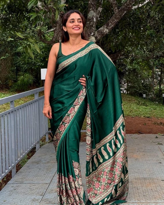 Modal Silk Saree, Abstract Kalamkari Flower Print, Wedding Saree with Tassels