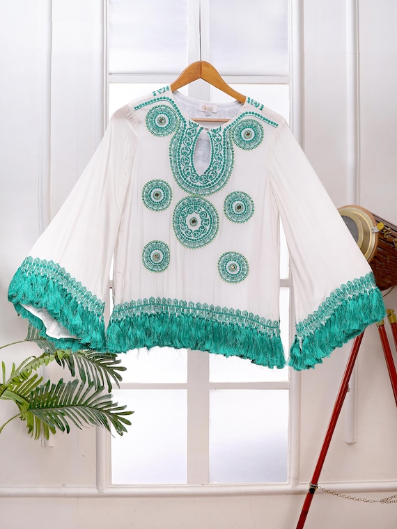 Hand Embroidered Cotton Kurti | White Tunic Top with Emerald Green Tassels