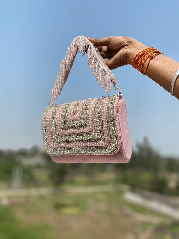 Handmade Beaded Bridal Potli Bag, Luxury Pearl Handle Clutch