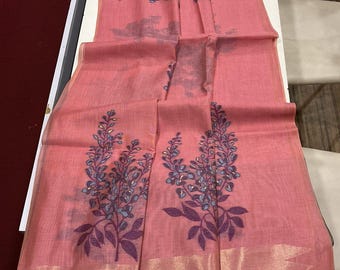 Handloom Muga Tussar Cotton Saree, Kalamkari Floral Print, Wedding Saree