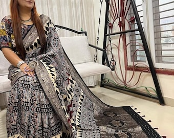 Natural Dye Ajrakh Dola Silk Saree | Hand Block Print Zari Border | Heritage Wrap