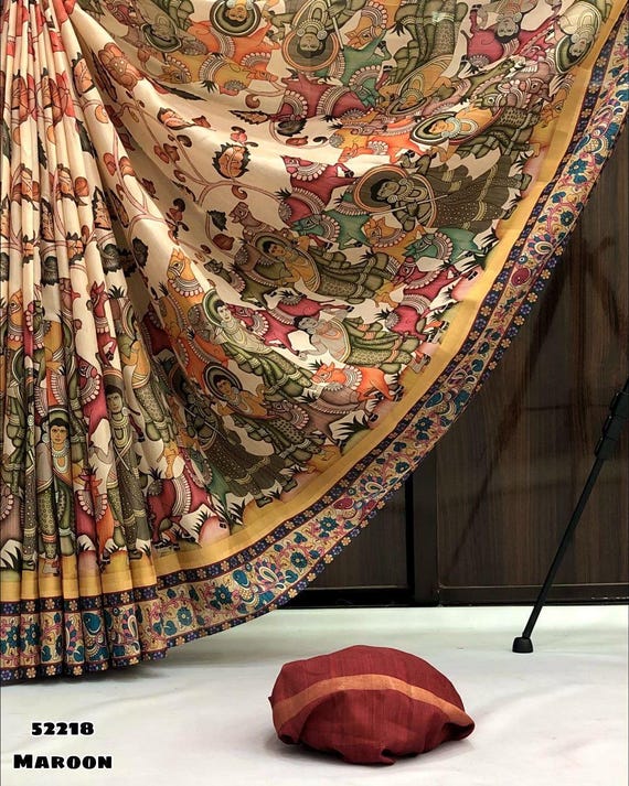 Muga Tussar Silk Saree, Handloom Kalamkari Floral Print, Wedding Saree