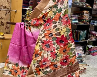 Hand-Painted Pure Tussar Silk Saree: Artisan Floral Masterpiece with Pure Zari Border